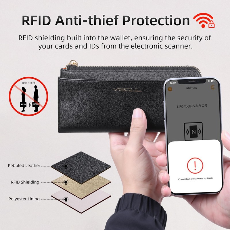 VISOUL Genuine Leather Long Wallet L017, Black and light grey