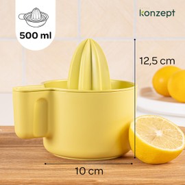 KONZEPT Lemon Squeezer, Orange Squeezer with Container 500 ml - Manual Juicer, Plastic Citrus Juicer with Spout - Ideal for Lemons, Oranges, Limes - Yellow