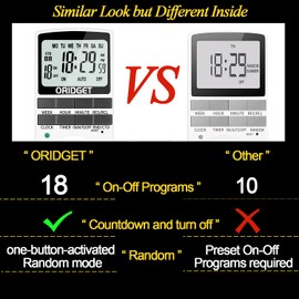 ORIDGET Digital Electrical Timer Plug Socket with 18 On-Off Programs, Countdown and Security Random Mode for Lights and Home Appliances, 24 Hour Weekly Programmable (13A / 2900W) 2pack