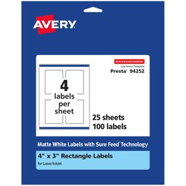 Avery Matte White Rectangle Labels with Sure Feed, 4" x 3", 100 Matte White Printable Labels