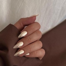 SXVME Uñas Postizas de Acrílico Reutilizables, Estilo Estilete, de Longitud Media, con Acabado Brillante Y Forma Almendrada en Color Oro Pálido con Ef