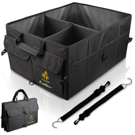 EcoNour Trunk Organizer for Car | SUV Collapsible Cargo Storage Box with Detachable Dividers, Mesh Pockets & Adjustable Straps | Multi Compartment Organizer for Groceries, Tools, Travel – Black