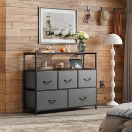 WLIVE 5 Drawer Dresser TV Stand for 45 Inch TV, Entertainment Center with Open Shelf and Power Outlet, Chest of Drawers for Bedroom, Living Room, Closet, Dark Grey