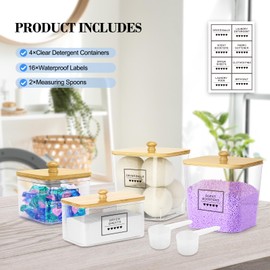 PLOSIF 4 Pack Clear Laundry Pods Container & Dryer Sheet Holder, Plastic Square Laundry Room Organization and Storage Jars with Lids, Scoops & Labels for Detergent