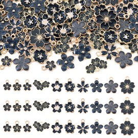 Boutigem 100Pcs Black Enamel Cherry Blossoms Flower Charms Assorted Sakura Flower Charms Floral Metal Dangle Pendants Floral Hang Ornament for DIY Crafts Earring Necklace Bracelet Jewelry Making