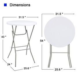 31.5" L X 31.5" W X 43" H - Cocktail Table White High Top Folding Table, Portable Bar Height Folding Table Round with Gray Legs, Indoor Outdoor Banquet Table for Parties, Commercial & Dining