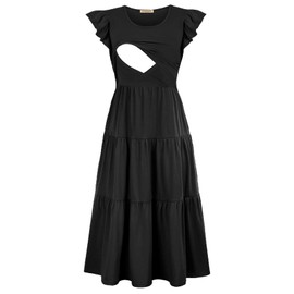 CzzzyL Women Nursing Casual Dresses for Women Short Sleeve Smocked Maternity Cotton Summer Beach A Line Sundresses(Black,Large)