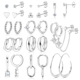 Small Silver Hoop Earrings for Women - Hypoallergenic Silver Stud Huggie Earings Stacks Set for Multiple Piercing Dainty Non Tarnish Cartilage Jewelry Pack Trendy Lightweight Gift 13 Pairs - Silver