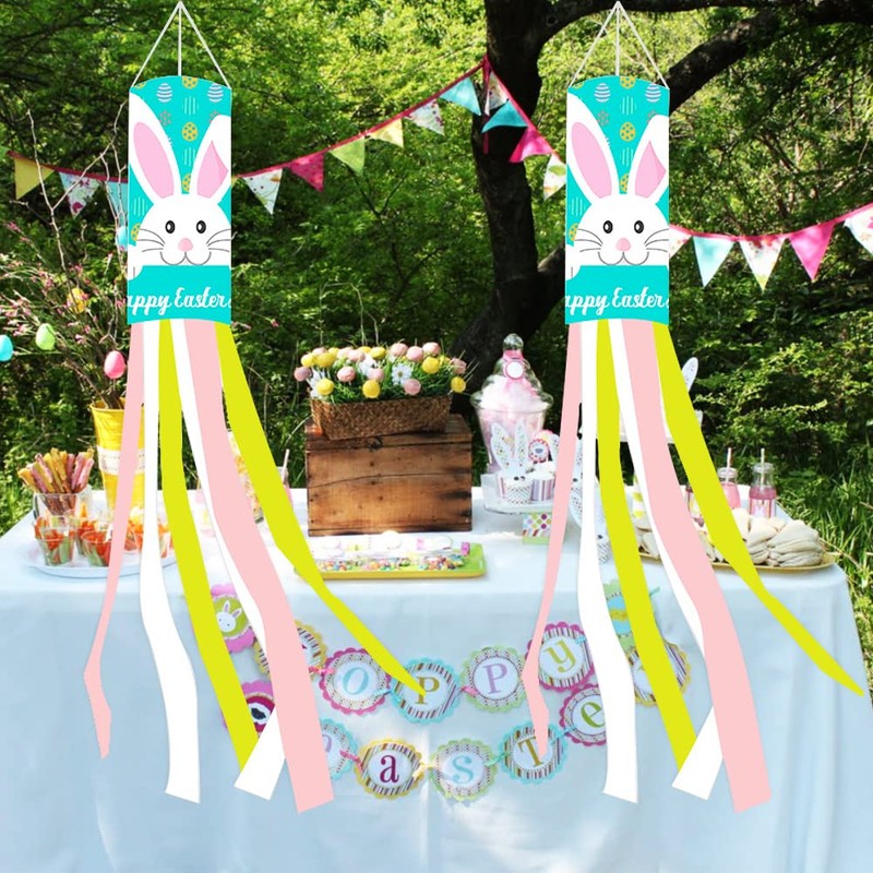 Geluode Easter Bunny Windsock Flag,2 Pcs Happy Easter Egg Rabbit