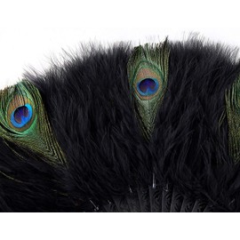 1920s Marabou Feather Fan Flapper Folding Hand Fans Peacock Feather Fan Handheld Wedding Party Dance Fan (Black-Peacock)