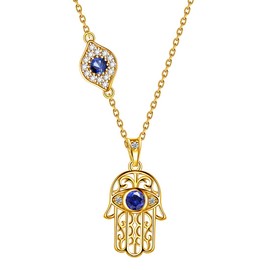 Aurora Tears Hamsa Fatima Hand Necklace 925 Sterling Sliver Evil Eye Pendant Gold Plated with Blue Sapphire Dating Gifts for Women DP0125Y