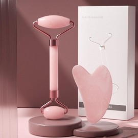 Rose Quartz Gua Sha Massage Heart Roller Facial Set Gua Sha Roller Set