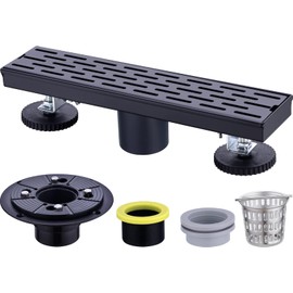 TRUSTMI Linear Shower Drain 12 Inch with Removable Brickwork Pattern Grate, Adjustable Feet Rectangular Floor Drain with Hair Catcher and Shower Drain Base Flange, Brushed Stainless Steel