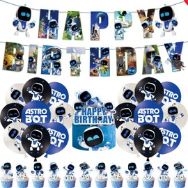 Bot Happy Birthday Decotations,Video Game Theme Birthday Party Decorations Set with Astronaut Balloons, Banner, Cupcake Toppers