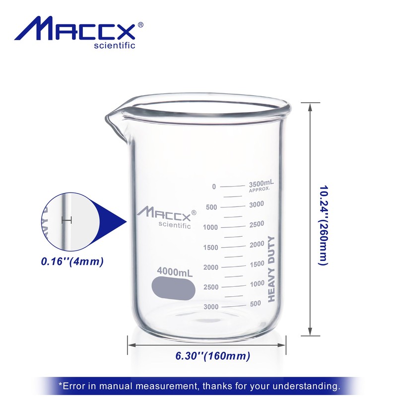 Maccx 170oz(4000ml) Sturdy Glass Beaker, Heavy-Duty Lab Beaker, 3.3 Borosilicate