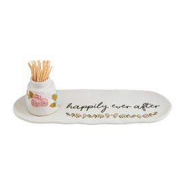 Mud Pie Wedding Toothpick PLATTERS, tray 3 1/4" x 11 1/4" | caddy 2 3/4" x 2" dia, WHite