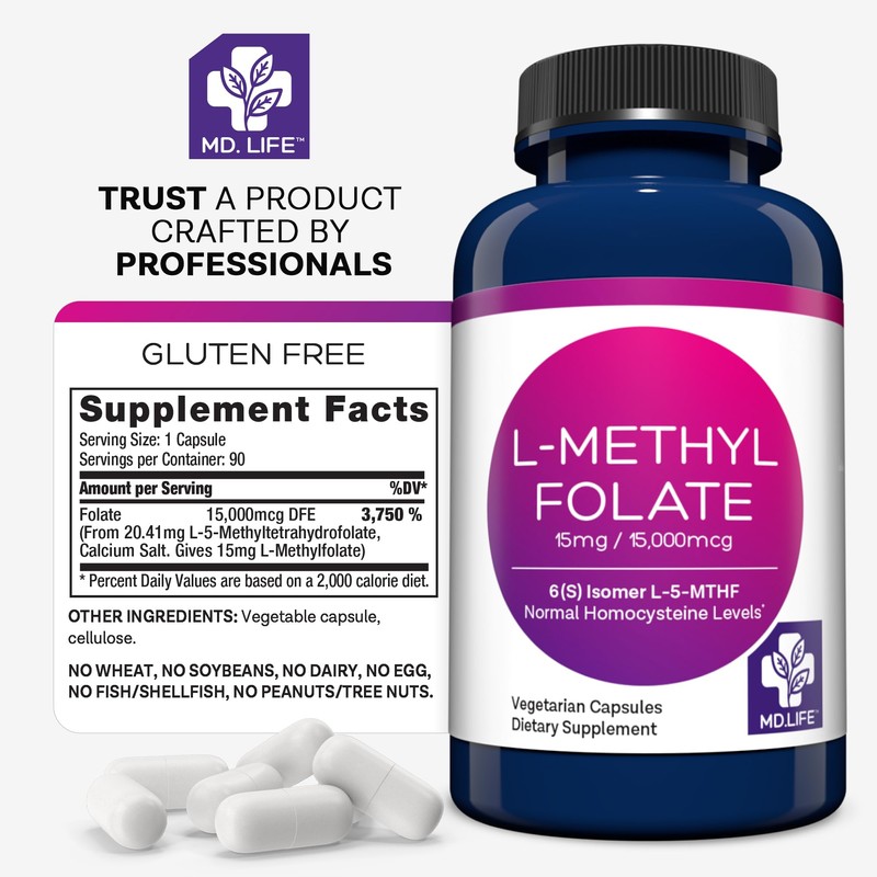 MD Life L-Methylfolate 15 mg Supplement - Professional-Grade Active L