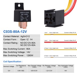EHDIS 4-Pin Relay with Harness Car Truck Motor Heavy Duty 80A 12V On/Off Normally Open SPST Relay Socket Plug 4 Wire Automotive Relay Model JD2912-1H-12VDC 80A 14VDC,Pack of 5