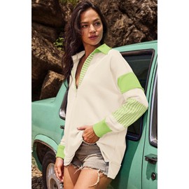ReachMe Womens Oversized Striped Sweatshirts V Neck Loose Fit Tunic Colorblock Polo Shirts Patchwork Pullover Tops(Beige&Green,L)