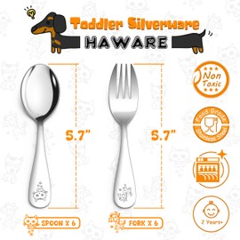 HaWare 12 Pieces Toddler Utensil Sets, Stainless Steel Kids Silverware Set Includes Toddler Forks and Spoons, Kids Safe Cutlery Set for Self Feeding, Cute Animal Handle Pattern, Dishwasher Safe