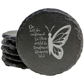 Faith and Hope: Laser Etched Unique Coasters Combining Art & Romans 12:2 Message - Round Slate - set of 8