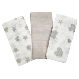 Kids Essentials Baby Muslin Squares Bib Dribble Cloths 3 Pack (Grey)