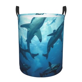 Hammerhead Sharks Printed Round Laundry Baskets Hamper with Handles, Small Dirty Clothes Hamper for Laundry Room Bedroom Bathroom