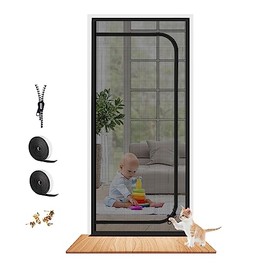 Upgraded Reinforced Pet Screen Door Thickened Cat Resistant Mesh Screen Door for Living Room, Bedroom, Patio, Dog Cat Scratch Proof Screen with Zipper Closure (Fits Door Size up to 35''x 80'', Black)
