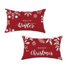 ONWAY Christmas Throw Pillow Covers 12x20 Set of 2 Red Merry Christmas Decorations Hello Winter Snowflakes Outdoor Farmhouse Xmax Cushion Cases for Sofa Couch Home