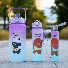 3 Pcs Water Bottle with Straw, Half Gallon 64 oz Motivational Water Bottles Time Marker Large Big Drinking Bottle Leakproof 2L Water Jugs for Sports Gym Travel BPA Free -Purple blue
