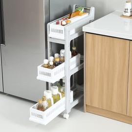 sunamon Slim Storage Cart, Bathroom Cart, 3 Tier Rolling Cart with Drawers, Narrow Storage Cart Organizer for Small Space in Bathroom, Laundry Room, Kitchen, Apartment, 7.87-inch Wide, White, Plastic