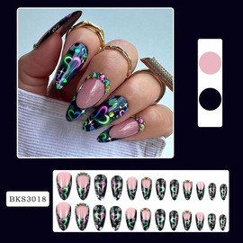 Colorful Love Press on Nails Dark Black French Tip Fake Nails Medium Almond False Nails with Design Rhinestone Glue on Nails Glossy Acrylic Full Cover Stick on Nails for Women Valentine's Day Manicure