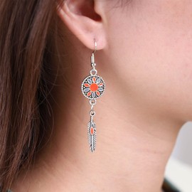 Cimenexe Bohemian Enamel Disc Feather Dangle Earrings Silver Feather Drop Earrings Ethnic Enamel Flower Earrings Tribal Red Feather Hook Earrings Jewellery for Women and Girls Gifts, Zinc, No Gemstone