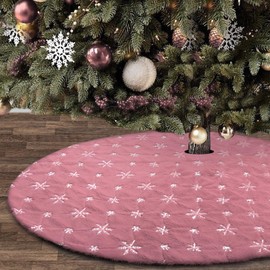 tiosggd Pink Christmas Tree Skirt 48 Inch Pink Faux Fur with Silver Sequins Snowflakes Christmas Tree Mat for Holiday Christmas Winter New Year Home Decor