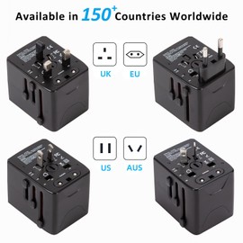 GUNGY Travel Adapter Worldwide Socket Adapter Universal Travel Plug with 3 USB 1 USB-C Ports and AC Socket Travel Adapter for USA Europe UK Australia 150 Countries Black