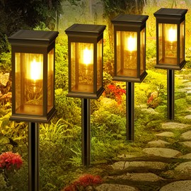 VIIIVA Solar Lights for Outdoor Garden Standing, Pack of 4 Solar Lights Garden with Tungsten Light, Warm White, 800 mAh, IP65 Waterproof, Auto On/Off Solar Garden Lighting, for Garden, Patio, Path,