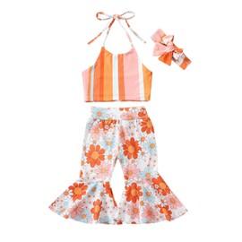 Hnyenmcko Toddler Baby Girl Summer Clothes Sleeveless Self-Tie Halter Crop Top Floral Flared Pants 2Pcs Bell Bottom Outfits (B- Colorful, 18-24 Months)