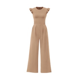 PRETTYGARDEN Summer Jumpsuits for Women Dressy Casual Ruffle Cap Sleeves Romper Crew Neck Rib Knit One Piece Outfits (Khaki,Medium)