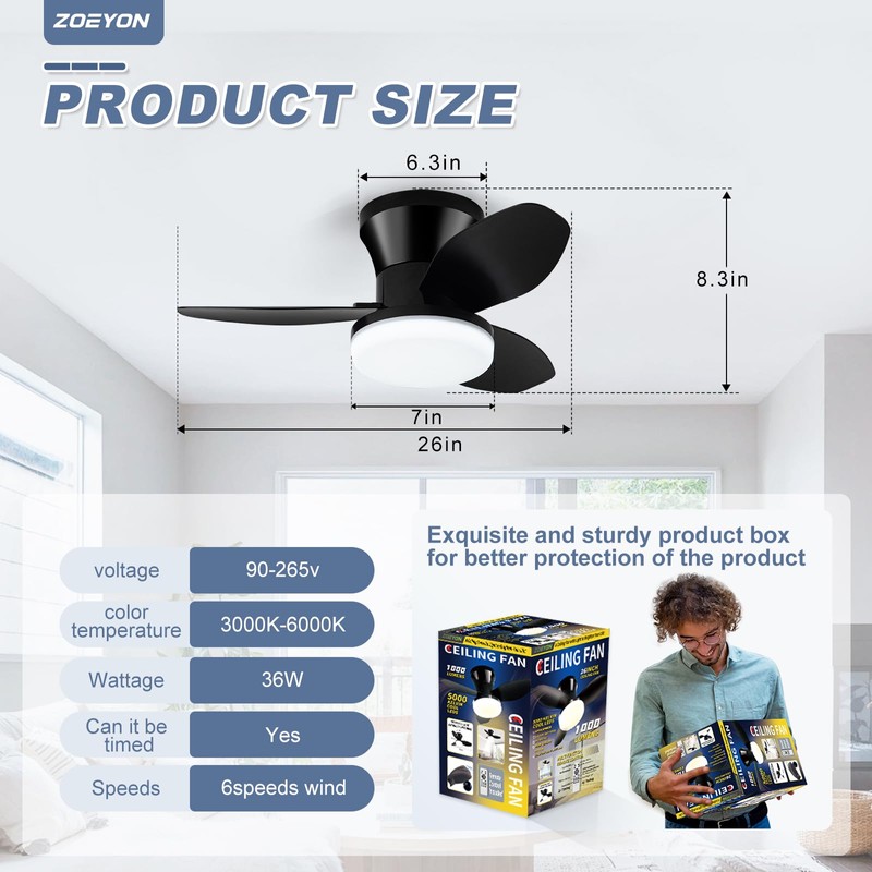ZOEYON Small Ceiling Fan with Light - 26 Inch Flush
