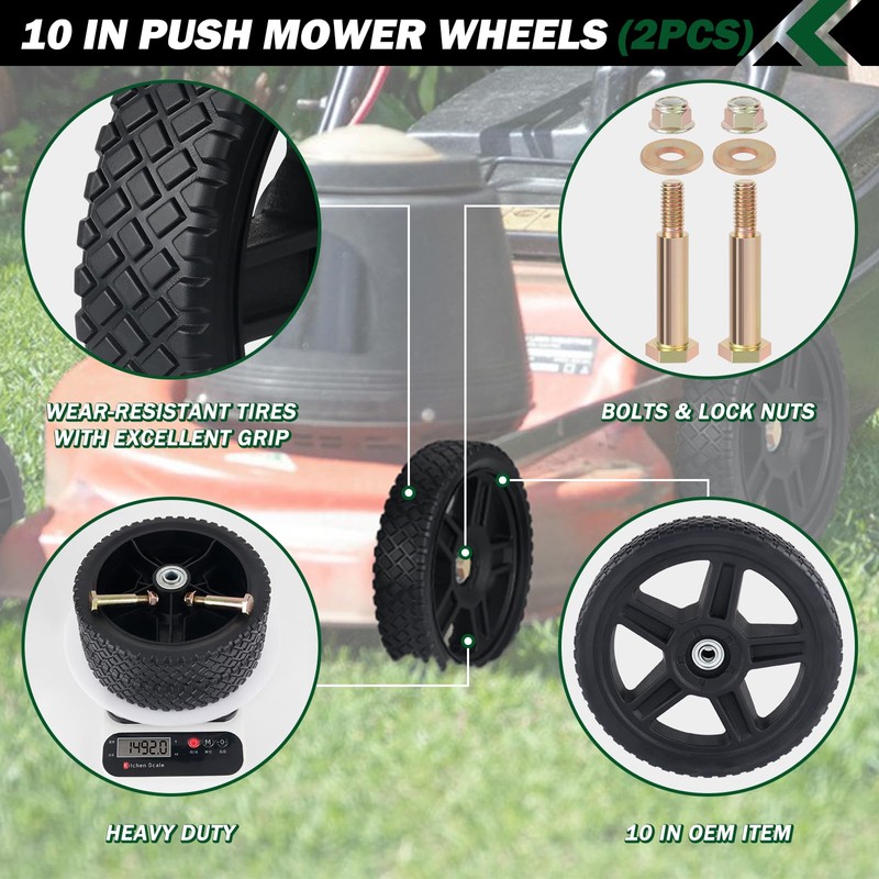 CheeMuii 10 Inch Lawn Mower Wheels 2 Pack 10" Push