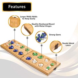 Hi-Q Solid Wood Deluxe Mancala - Folding Board Game w Metal Latch and Glass Marbles- Portable Strategy Travel Game - Recommended Ages 6+