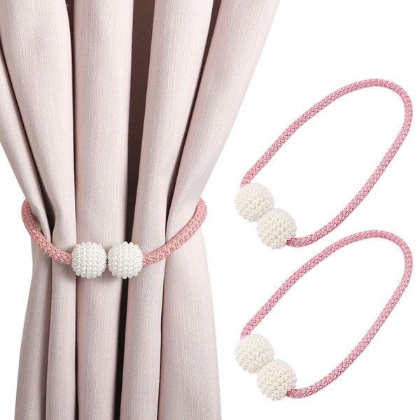All-Pie Magnetic Curtain Tiebacks (2 Pack) 18.5" Pearl Curtain Rope and Magnetic Tieball,Decorative Curtain Tiebacks for Home, Office, Hotel Window Decoration,Pretty and Fashion (Pink)