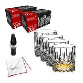 Riedel Tumbler Collection Spey Single Old Fashioned Glass (4-Pack) Bundle with Polishing Cloth and Wine Pourer with Stopper (4 Items)