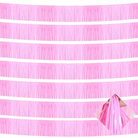 10 Pack 10 Feet Macaron Pink Foil Fringe Garland Metallic Tinsel Streamers Banner Wall Hanging Fringe Curtain Backdrop Banner for Parade Floats, Bachelorette, Wedding, Birthday Party Decorations