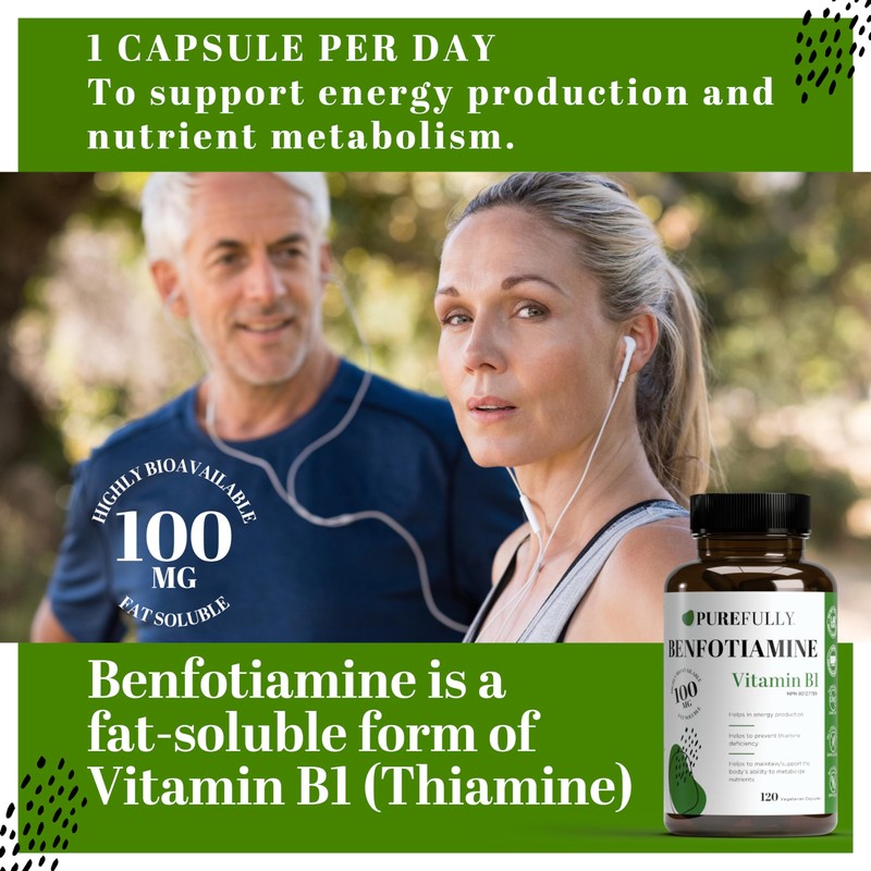 PUREFULLY Benfotiamine (Vitamin B1/Thiamine) 100mg, 120 Capsules - For Energy