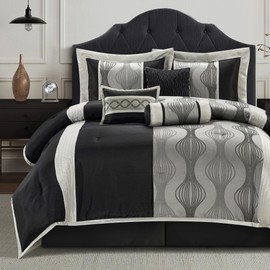 LANCO MODERN LIFESTYLE California King Comforter Set, Black Silver, 7 Pieces in a Bag, Jacquard with Solid Piecework, Luxury Bed Set with Comforters, Bed Skirt, Pillow Shams and Decorative Pillows