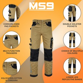 MS9 Men's Work Pants Casual Tactical Trousers Jeans with Holster Pockets Khaki