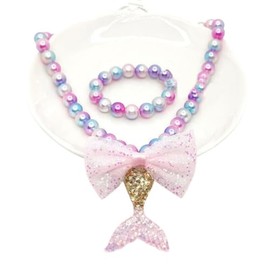 Costume Bay Kids Girls Mermaid Tail Necklace Bracelet Jewellery 2pcs Set Kit Beads Charm Fashion Costume Accessories Beach-themed Underwater Fantasy (Pink, ONE)