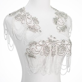 amusediy White Beaded Rhinestones Applique Embellishment for Clothes,Epaulettes Shoulder Patches Sew-on Diamond Sequin Applique for Wedding Dress DIY Accessories Belt Waist Decoration