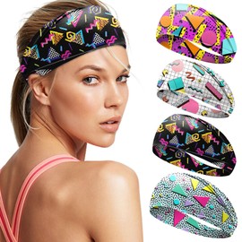4 Stück haarband mädchen breit，stirnband, kopftuch, sport stirnband, stirnband damen dünn，Retro bandana ，hasrband, 90er-Jahre-Haar-Accessoires, 80er-Jahre-Party-Outfits, Memphis